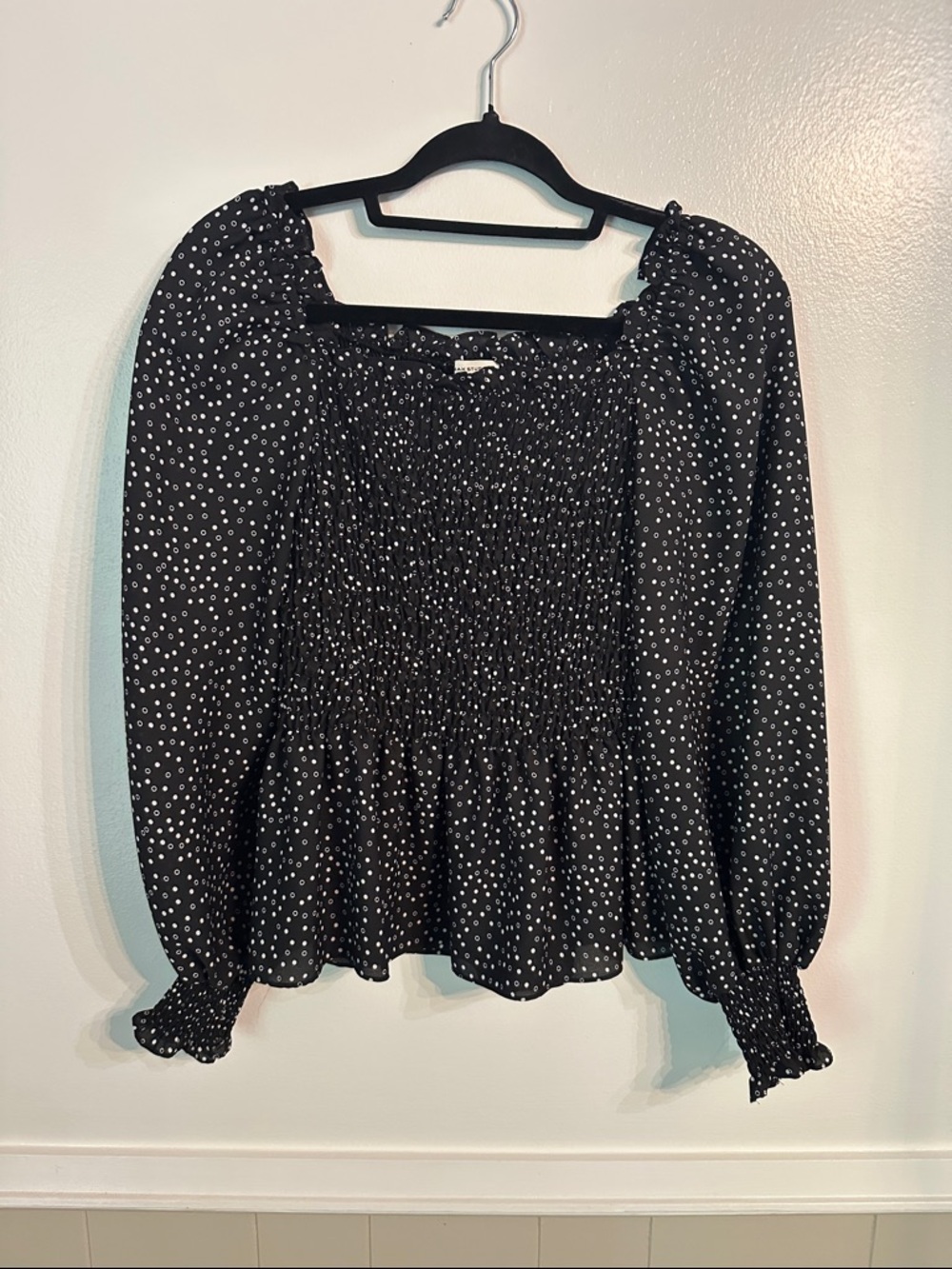 Max Studio Smocked Peplum Long-Sleeve Black top with White Dot Print Size Small